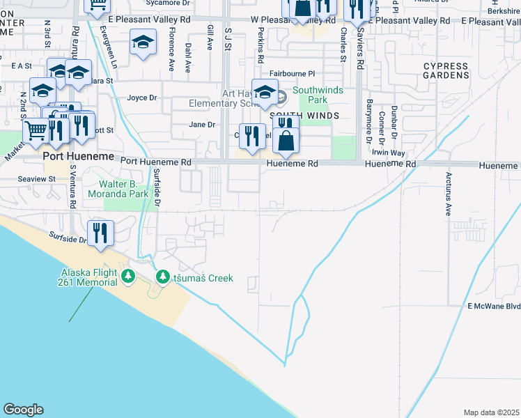 map of restaurants, bars, coffee shops, grocery stores, and more near 5700 Perkins Road in Oxnard