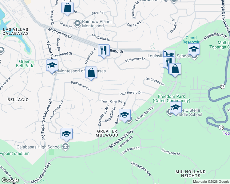 map of restaurants, bars, coffee shops, grocery stores, and more near 22651 Paul Revere Drive in Calabasas