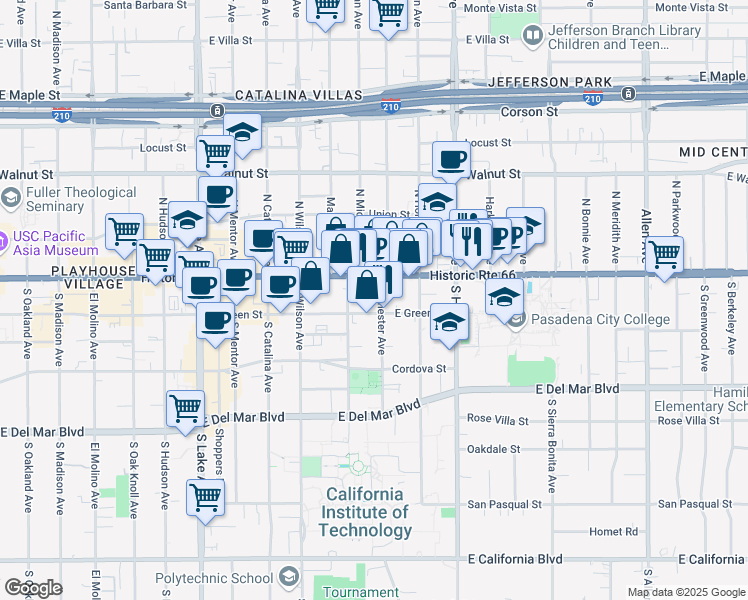 map of restaurants, bars, coffee shops, grocery stores, and more near 1220 East Green Street in Pasadena