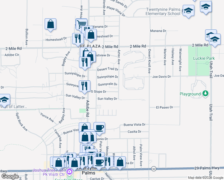 map of restaurants, bars, coffee shops, grocery stores, and more near 73778 South Slope Drive in Twentynine Palms