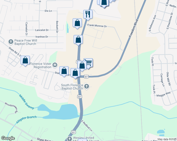 map of restaurants, bars, coffee shops, grocery stores, and more near 2600 South Irby Street in Florence