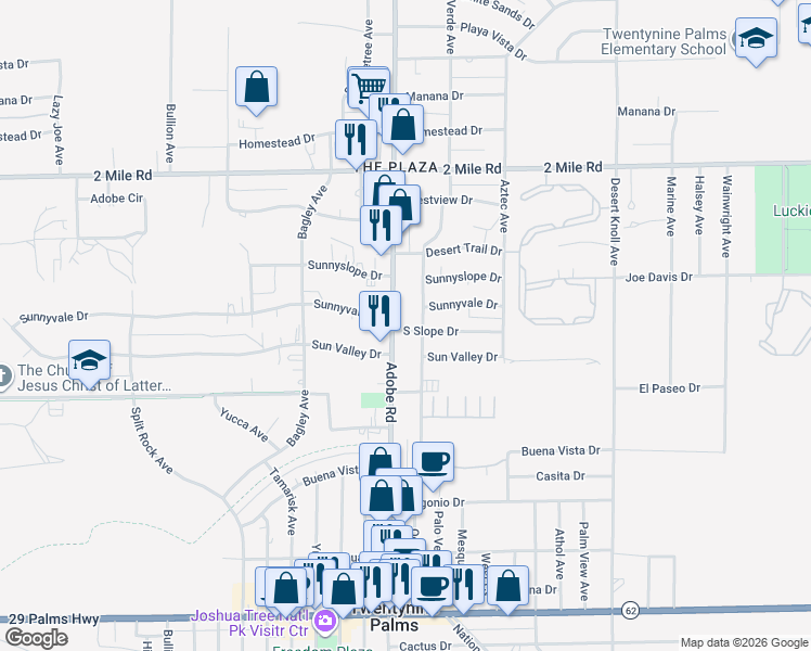map of restaurants, bars, coffee shops, grocery stores, and more near 73778 South Slope Drive in Twentynine Palms