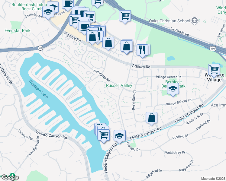 map of restaurants, bars, coffee shops, grocery stores, and more near 4150 Lake Harbor Lane in Westlake Village