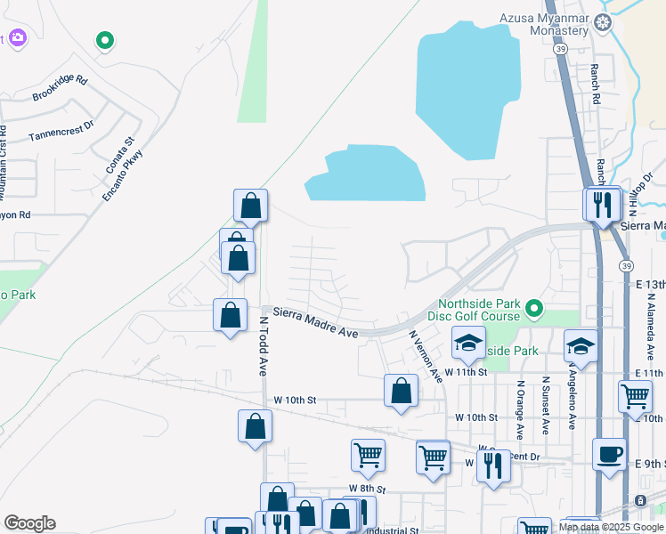 map of restaurants, bars, coffee shops, grocery stores, and more near 1073 West Calle De la Luna in Azusa