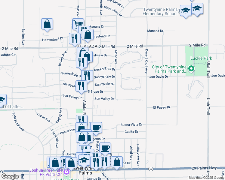 map of restaurants, bars, coffee shops, grocery stores, and more near 73871 South Slope Drive in Twentynine Palms