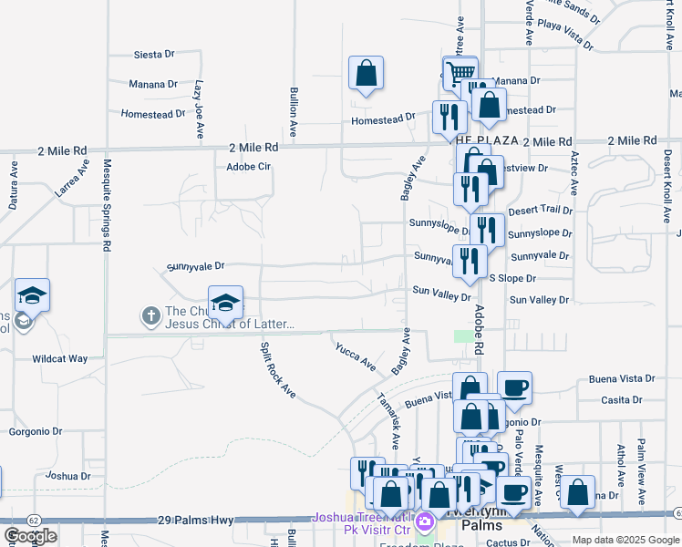 map of restaurants, bars, coffee shops, grocery stores, and more near 73394 Sun Valley Drive in Twentynine Palms