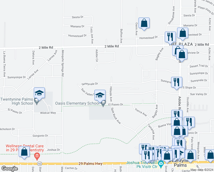 map of restaurants, bars, coffee shops, grocery stores, and more near 73204 Sun Valley Drive in Twentynine Palms