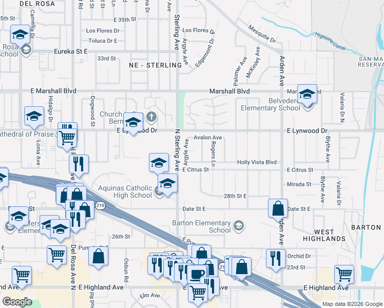 map of restaurants, bars, coffee shops, grocery stores, and more near 6010 Argyle Avenue in San Bernardino