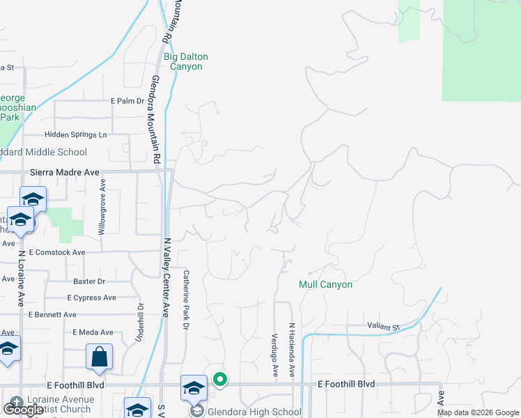 map of restaurants, bars, coffee shops, grocery stores, and more near 1912 Bluebird Road in Glendora