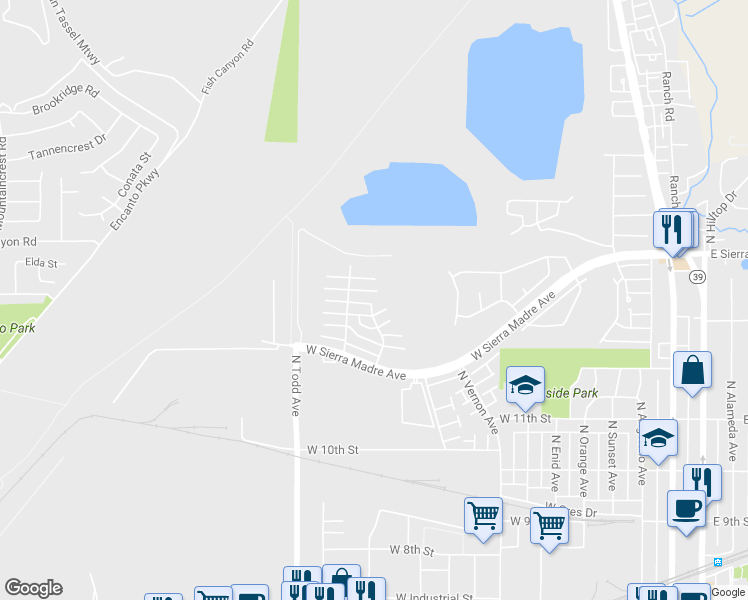 map of restaurants, bars, coffee shops, grocery stores, and more near 975 West Calle De Cielo in Azusa