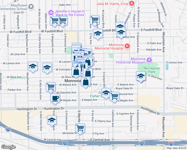 map of restaurants, bars, coffee shops, grocery stores, and more near 711 South Ivy Avenue in Monrovia
