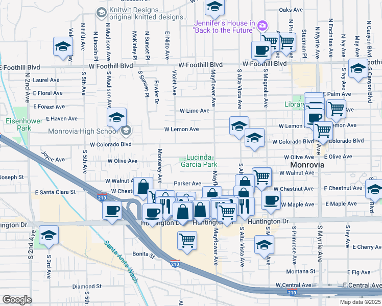 map of restaurants, bars, coffee shops, grocery stores, and more near 530 West Olive Avenue in Monrovia
