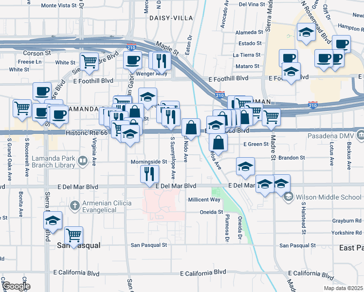 map of restaurants, bars, coffee shops, grocery stores, and more near 88 El Nido Avenue in Pasadena