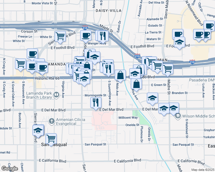 map of restaurants, bars, coffee shops, grocery stores, and more near 101 South Sunnyslope Avenue in Pasadena