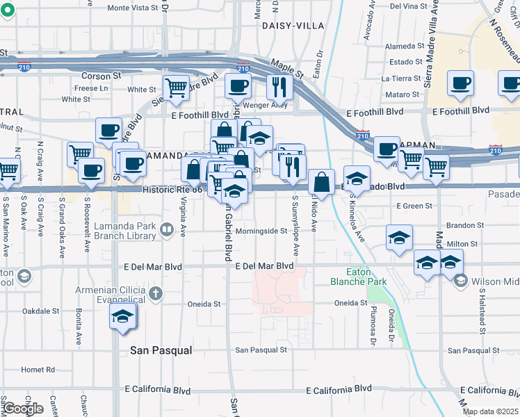 map of restaurants, bars, coffee shops, grocery stores, and more near 91 Eastern Avenue in Pasadena