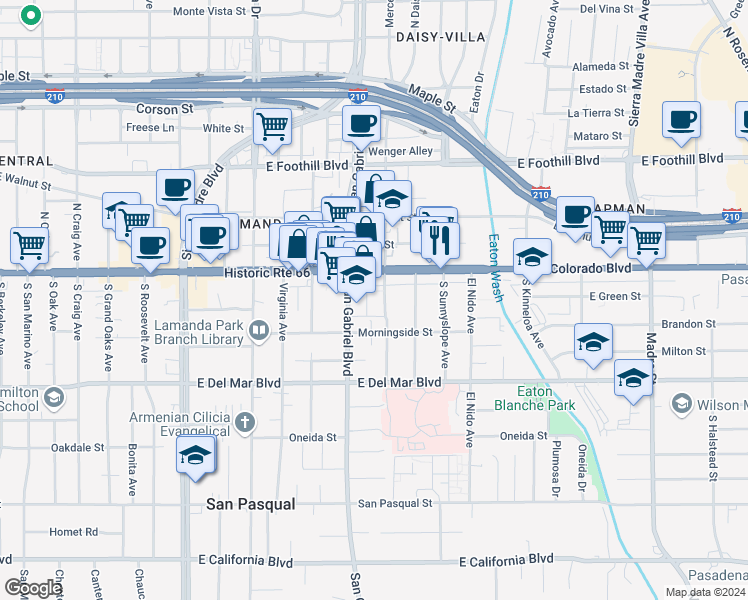 map of restaurants, bars, coffee shops, grocery stores, and more near 83 South Daisy Avenue in Pasadena