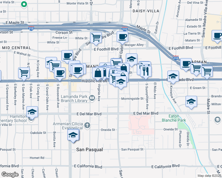 map of restaurants, bars, coffee shops, grocery stores, and more near 91 South San Gabriel Boulevard in Pasadena
