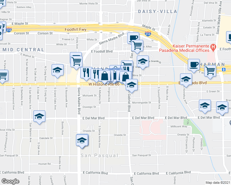 map of restaurants, bars, coffee shops, grocery stores, and more near 83 South Vinedo Avenue in Pasadena