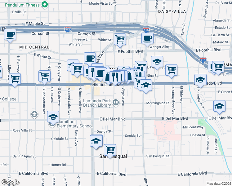 map of restaurants, bars, coffee shops, grocery stores, and more near 79 Virginia Avenue in Pasadena