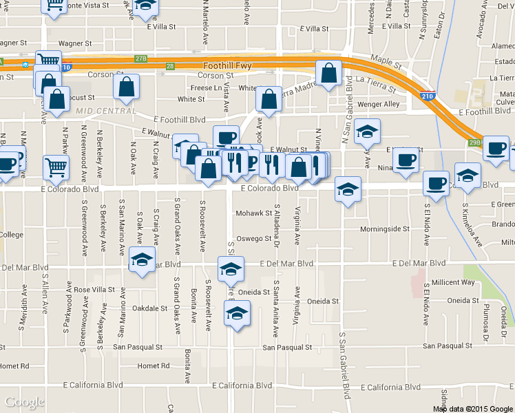 map of restaurants, bars, coffee shops, grocery stores, and more near 2468 Mohawk Street in Pasadena