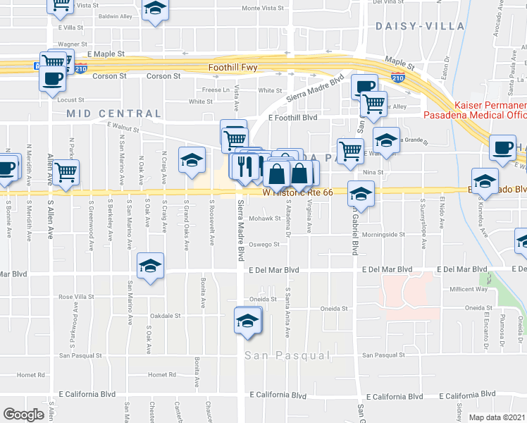 map of restaurants, bars, coffee shops, grocery stores, and more near 2468 Mohawk Street in Pasadena