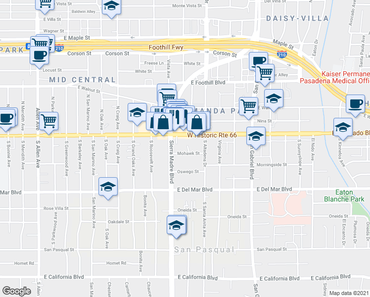 map of restaurants, bars, coffee shops, grocery stores, and more near 2396 Mohawk Street in Pasadena