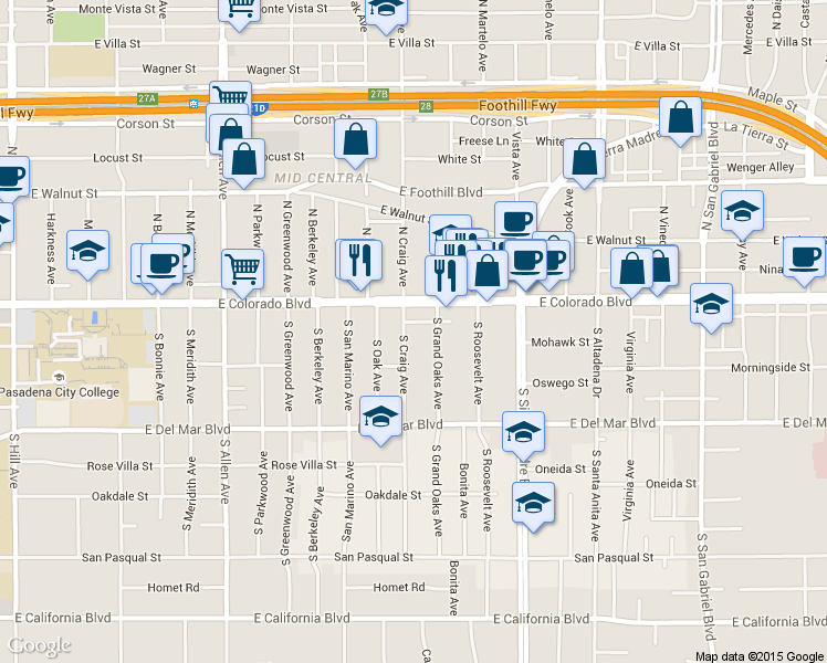 map of restaurants, bars, coffee shops, grocery stores, and more near 84 South Craig Avenue in Pasadena