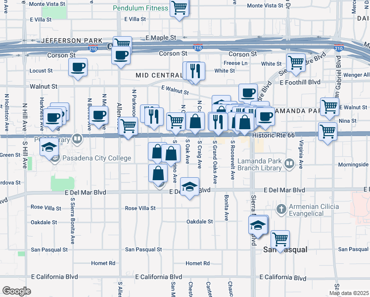 map of restaurants, bars, coffee shops, grocery stores, and more near 86 South Oak Avenue in Pasadena
