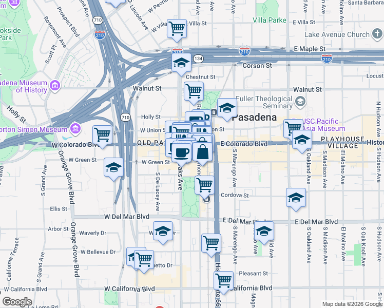 map of restaurants, bars, coffee shops, grocery stores, and more near in Pasadena