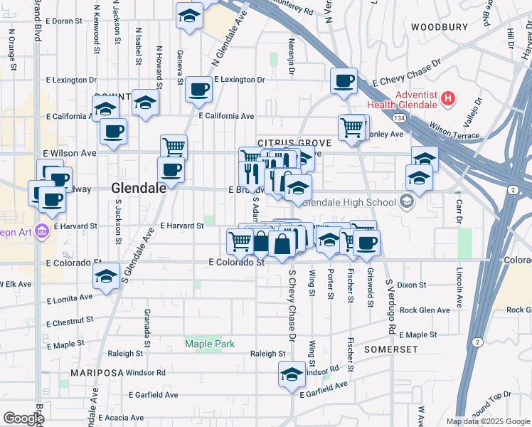 map of restaurants, bars, coffee shops, grocery stores, and more near 1127 East Harvard Street in Glendale