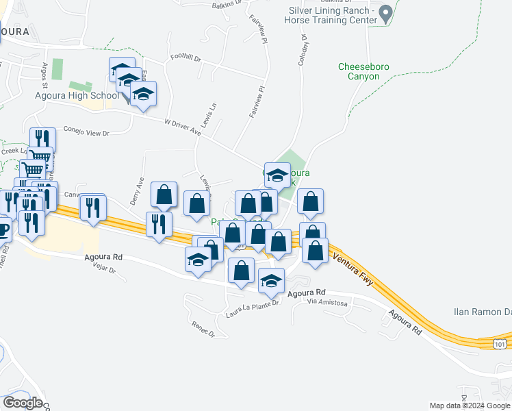 map of restaurants, bars, coffee shops, grocery stores, and more near 5250 Colodny Drive in Agoura Hills
