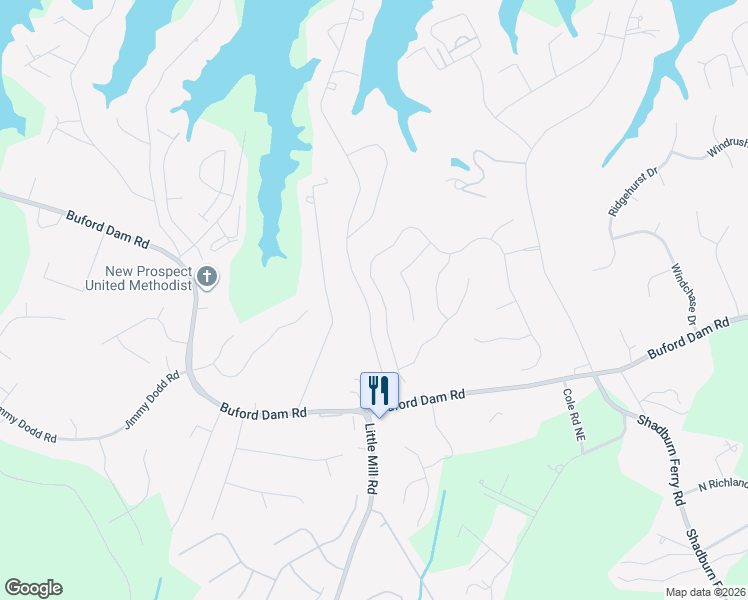 map of restaurants, bars, coffee shops, grocery stores, and more near 6205 Lake Windsor Parkway in Buford