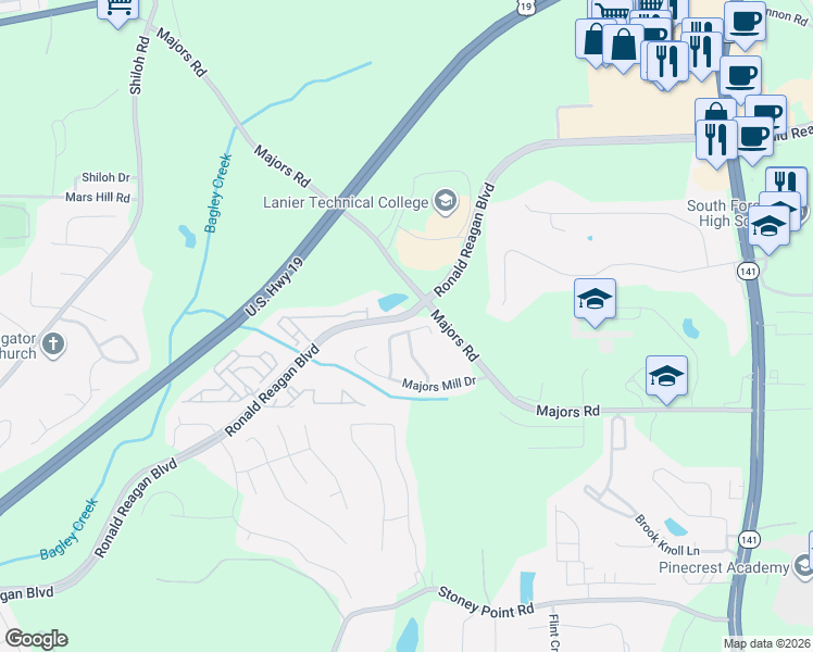 map of restaurants, bars, coffee shops, grocery stores, and more near 8240 Scuffle Bridge Lane in Cumming