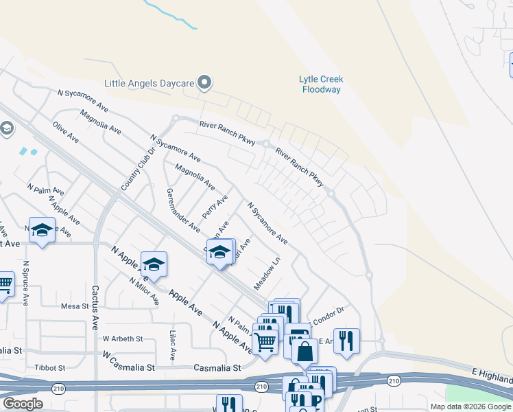 map of restaurants, bars, coffee shops, grocery stores, and more near 5967 North Sycamore Avenue in Rialto
