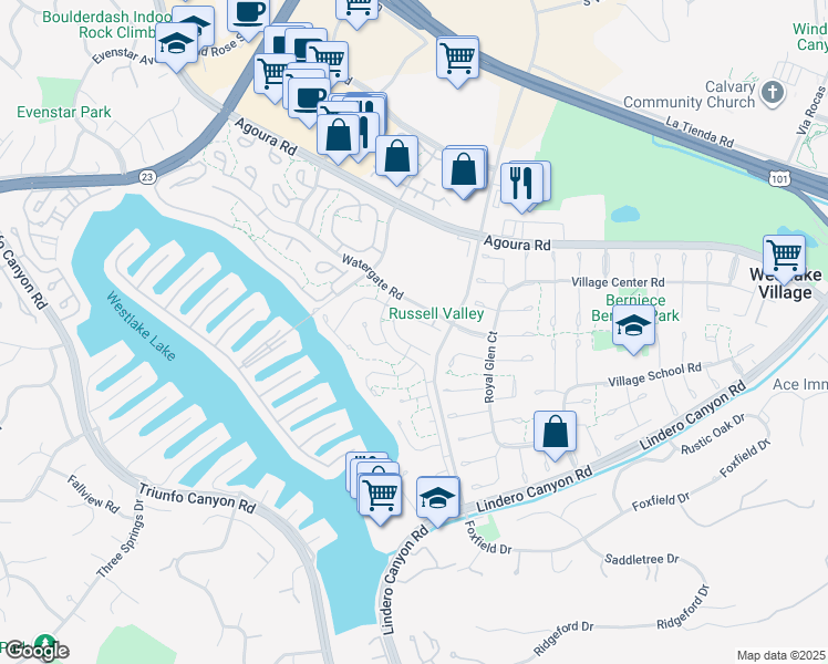 map of restaurants, bars, coffee shops, grocery stores, and more near 32106 Watergate Road in Westlake Village