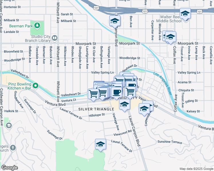 map of restaurants, bars, coffee shops, grocery stores, and more near 12167 Valleyheart Drive in Los Angeles