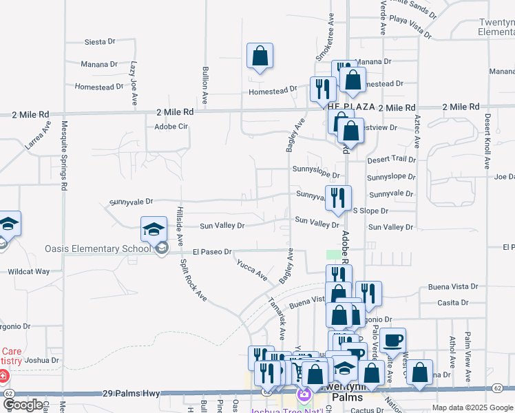 map of restaurants, bars, coffee shops, grocery stores, and more near 73445 Sunnyvale Drive in Twentynine Palms