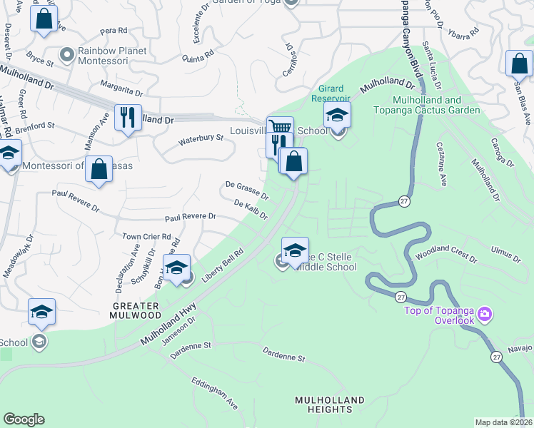 map of restaurants, bars, coffee shops, grocery stores, and more near 22357 Liberty Bell Road in Calabasas