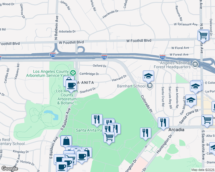 map of restaurants, bars, coffee shops, grocery stores, and more near 400 Harvard Drive in Arcadia