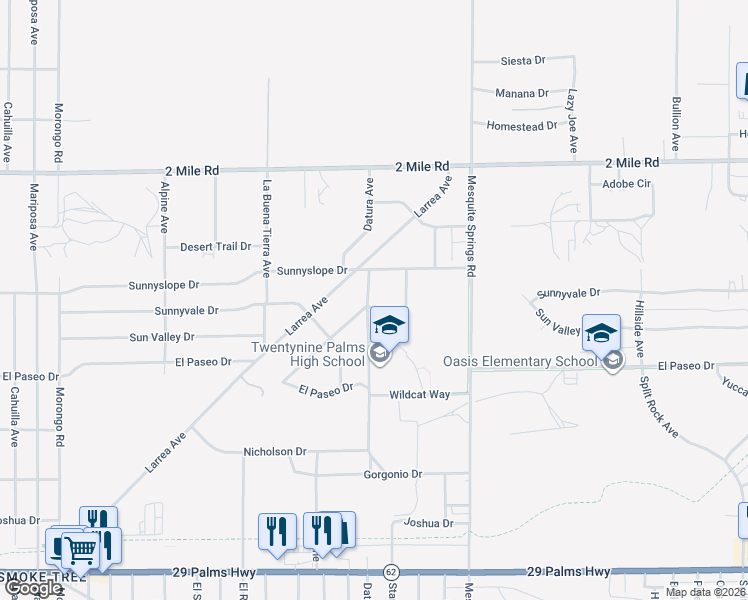 map of restaurants, bars, coffee shops, grocery stores, and more near 72712 Granite Avenue in Twentynine Palms