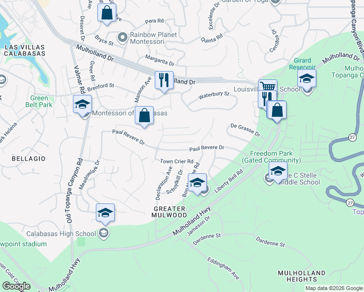 map of restaurants, bars, coffee shops, grocery stores, and more near 22651 Paul Revere Drive in Calabasas
