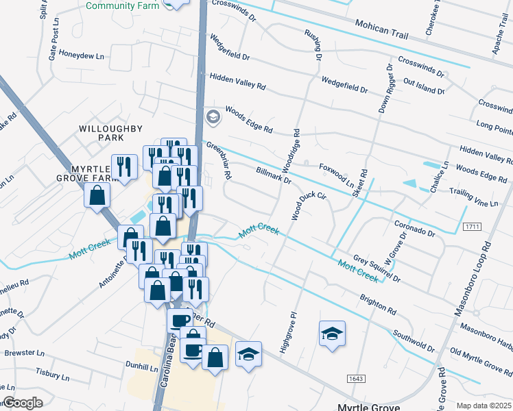 map of restaurants, bars, coffee shops, grocery stores, and more near 810 Pine Forest Road in Wilmington