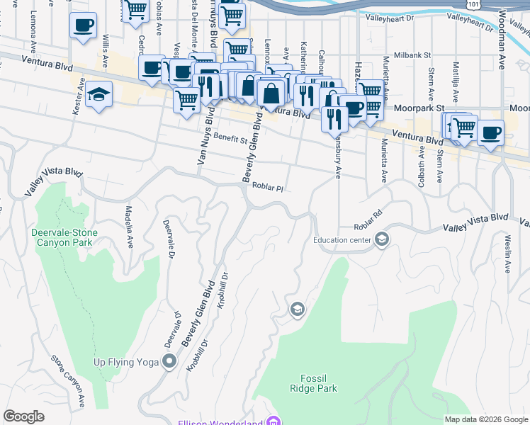 map of restaurants, bars, coffee shops, grocery stores, and more near 14318 Valley Vista Boulevard in Los Angeles