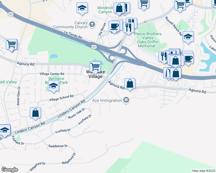map of restaurants, bars, coffee shops, grocery stores, and more near 31416 Agoura Road in Westlake Village