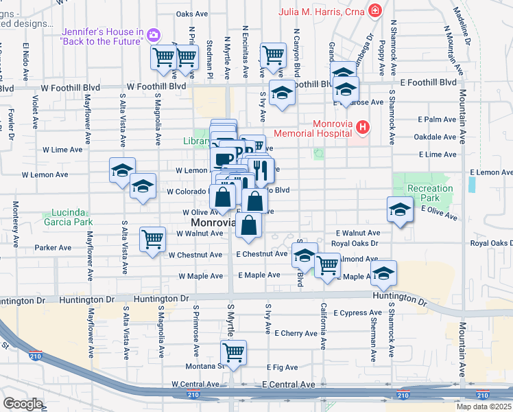 map of restaurants, bars, coffee shops, grocery stores, and more near 130 East Walnut Avenue in Monrovia