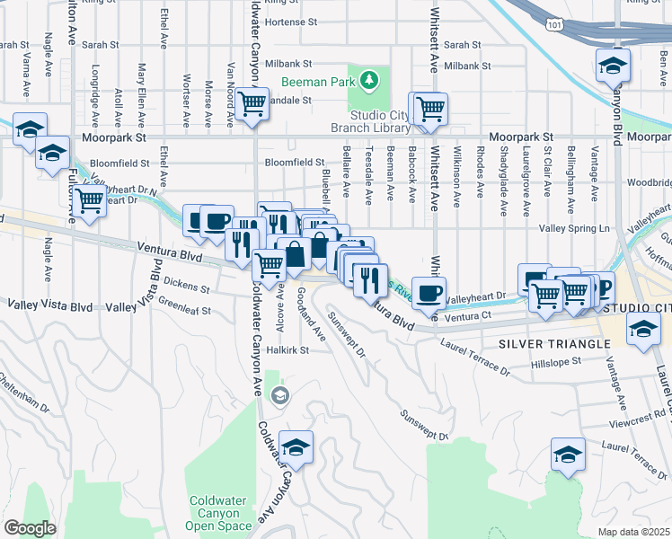 map of restaurants, bars, coffee shops, grocery stores, and more near 12700 Ventura Boulevard in Los Angeles