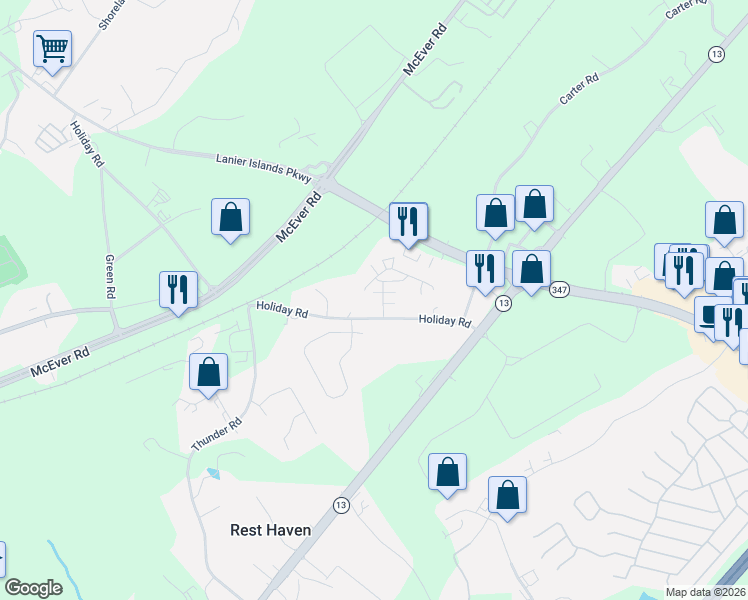 map of restaurants, bars, coffee shops, grocery stores, and more near 319 Slate Court in Buford
