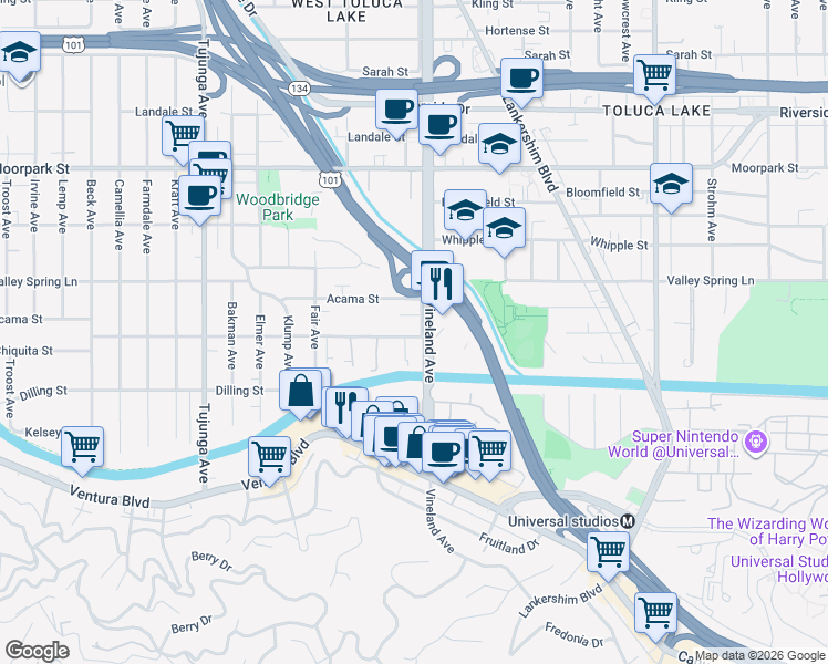 map of restaurants, bars, coffee shops, grocery stores, and more near 11015 Aqua Vista Street in Los Angeles
