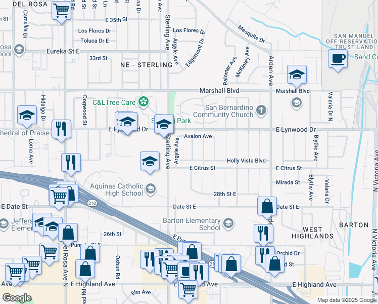 map of restaurants, bars, coffee shops, grocery stores, and more near 5974 Buchanan Avenue in San Bernardino