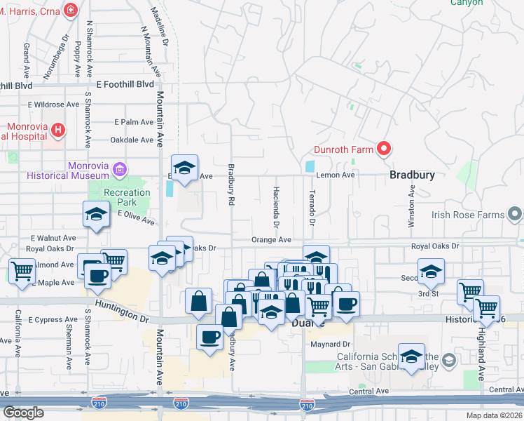 map of restaurants, bars, coffee shops, grocery stores, and more near Hacienda Drive in Monrovia